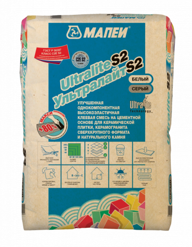 Однокомпонентный высокодеформативный клей на цементной основе Мапеи Ультралайт S2, Серый, С2Е S2